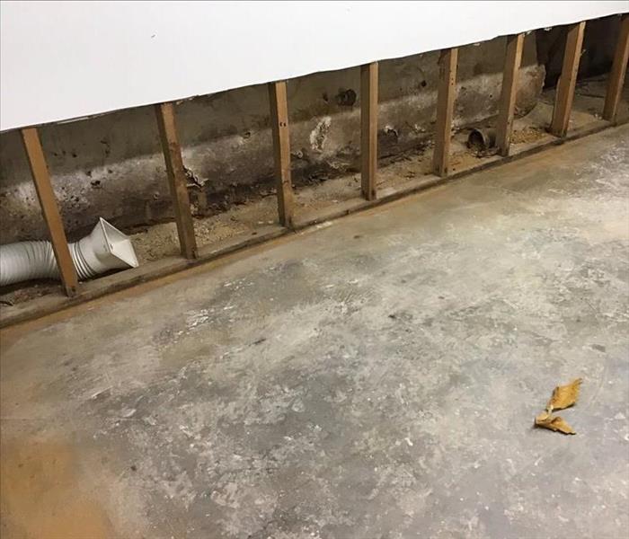 Post mitigation with dry flooring and flood cuts in a basement.