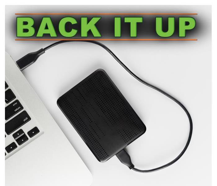 An external drive connected to a computer. On the top of the picture it says: Back it up